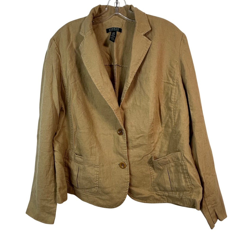 Lauren Ralph Lauren Tan 100% Linen Two Button Blazer Jacket Womens 14W Khaki